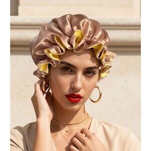 Reversible Satin Sleep Bonnet Hat – Brown & Yellow – Extra Large, Elastic Fit